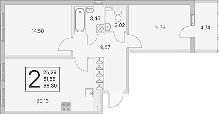 2-комнатная квартира 61.56 м², 2/4 эт., ЖК «Любоград в Стрельне»